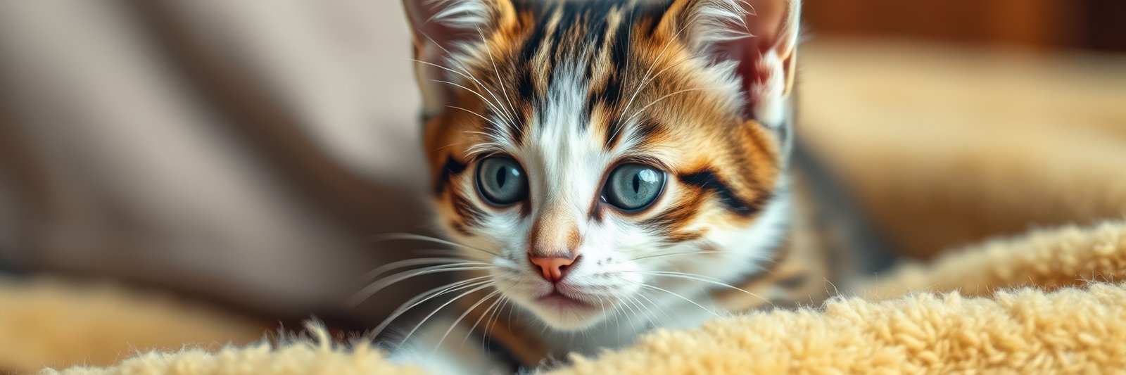 Curious kitten exploring a cozy blanket in a warm indoor setting